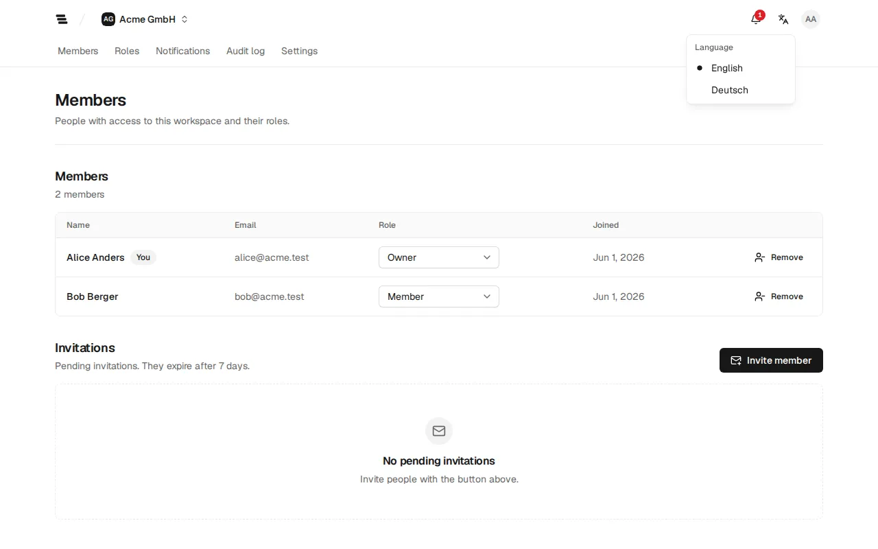 The open language menu with English and Deutsch