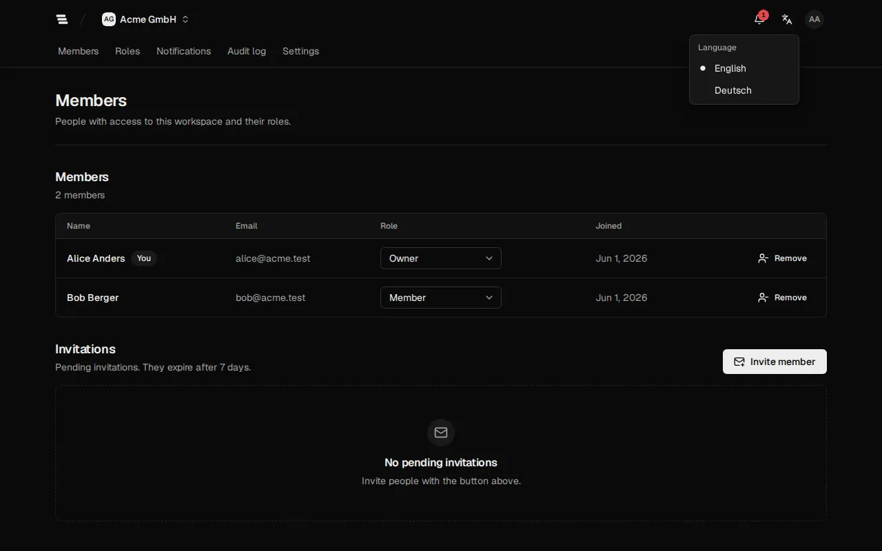 The open language menu with English and Deutsch
