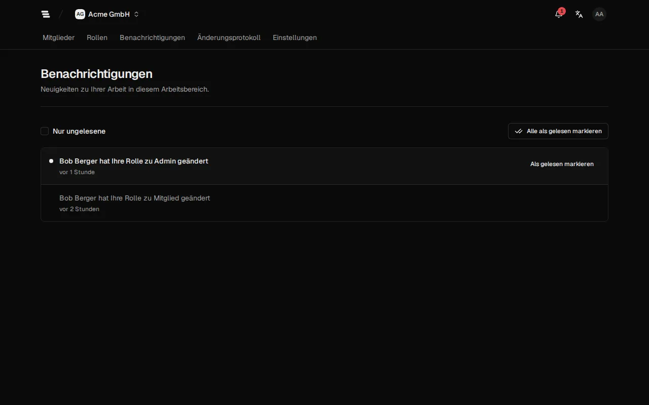 Die Seite Benachrichtigungen mit einer gelesenen und einer ungelesenen Benachrichtigung
