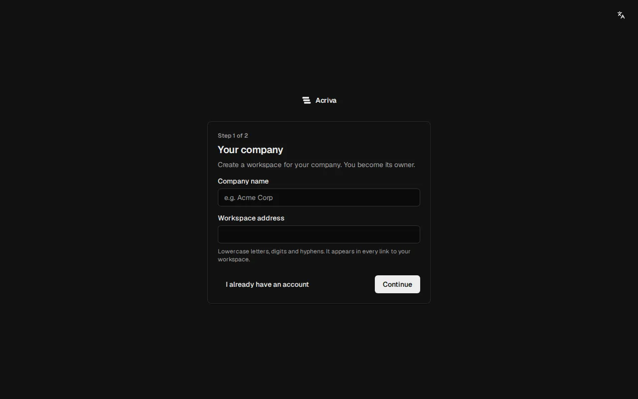 The sign-up form with the company name and the workspace address