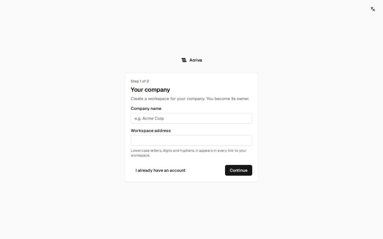 The sign-up form with the company name and the workspace address