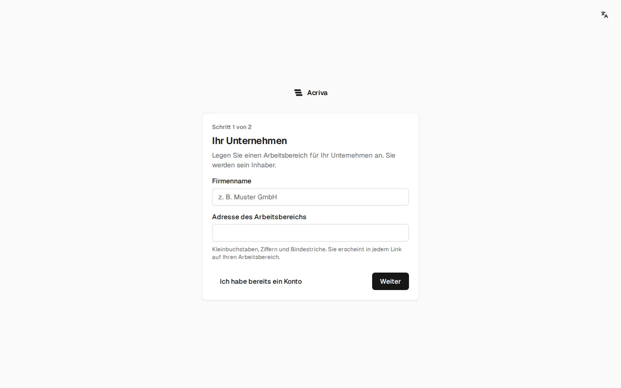 Das Registrierungsformular mit Firmenname und Adresse des Arbeitsbereichs