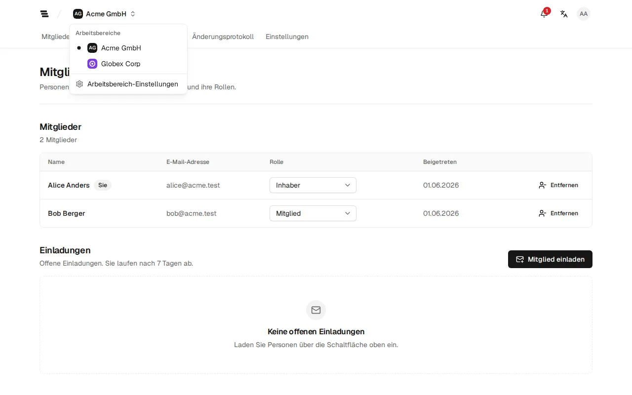 Das geöffnete Menü der Arbeitsbereiche mit Acme GmbH und Globex Corp