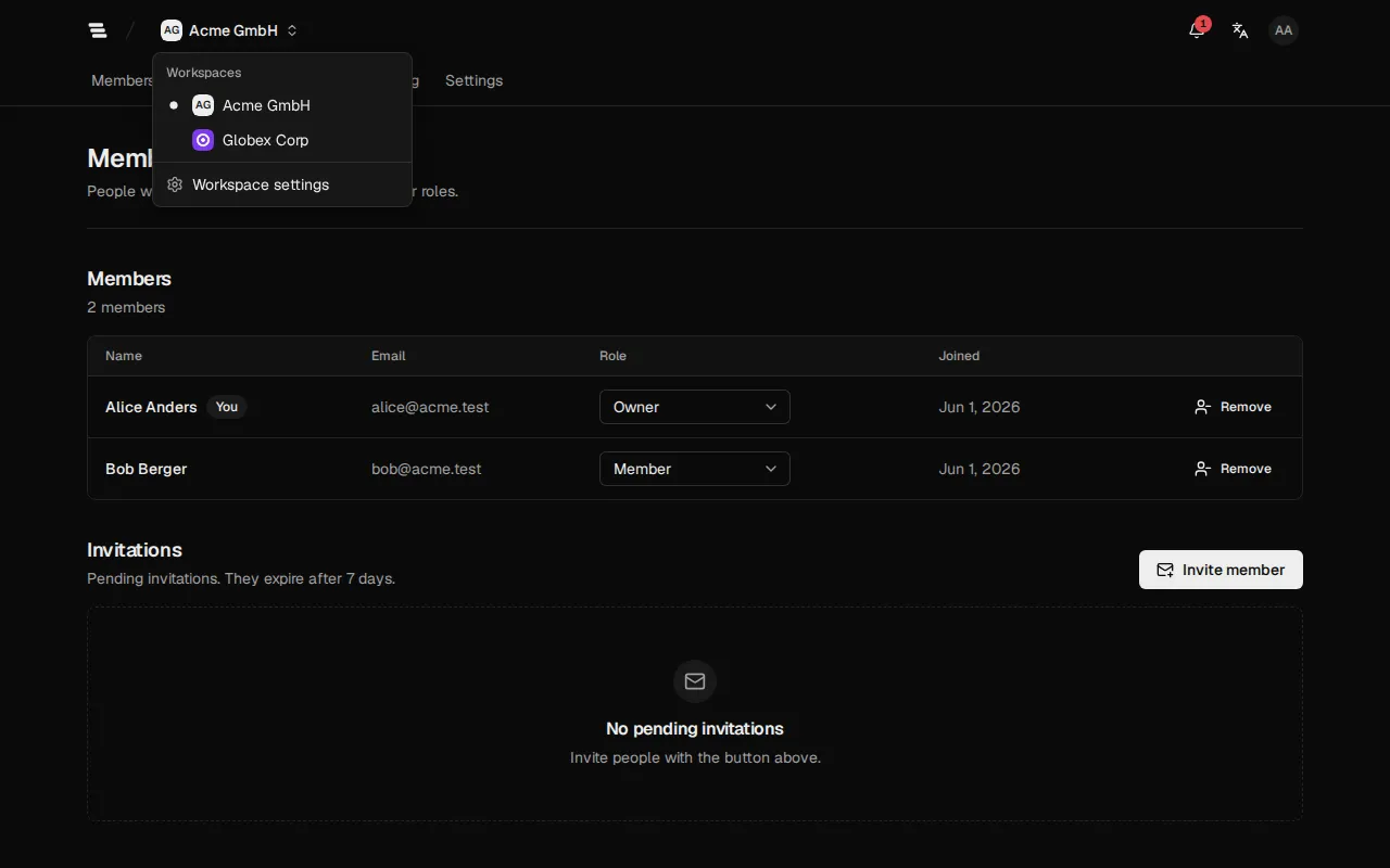 The open workspace menu with Acme GmbH and Globex Corp