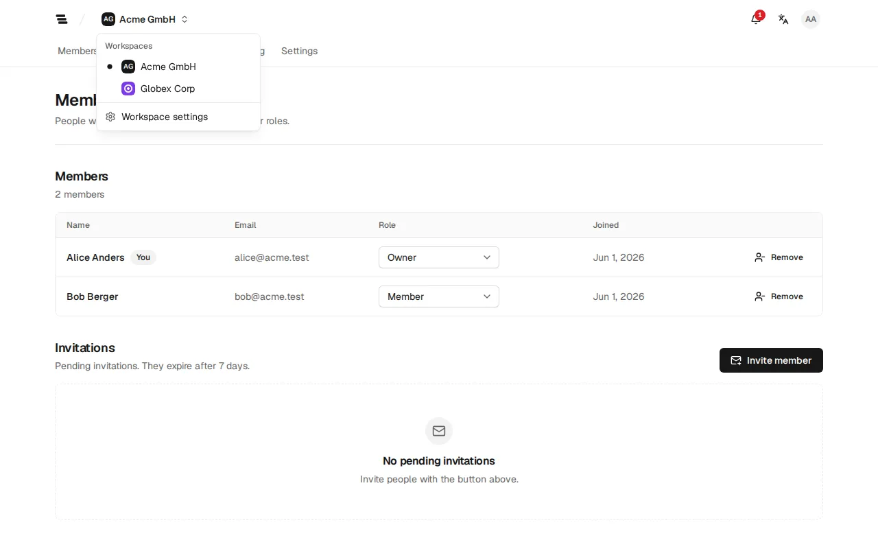 The open workspace menu with Acme GmbH and Globex Corp